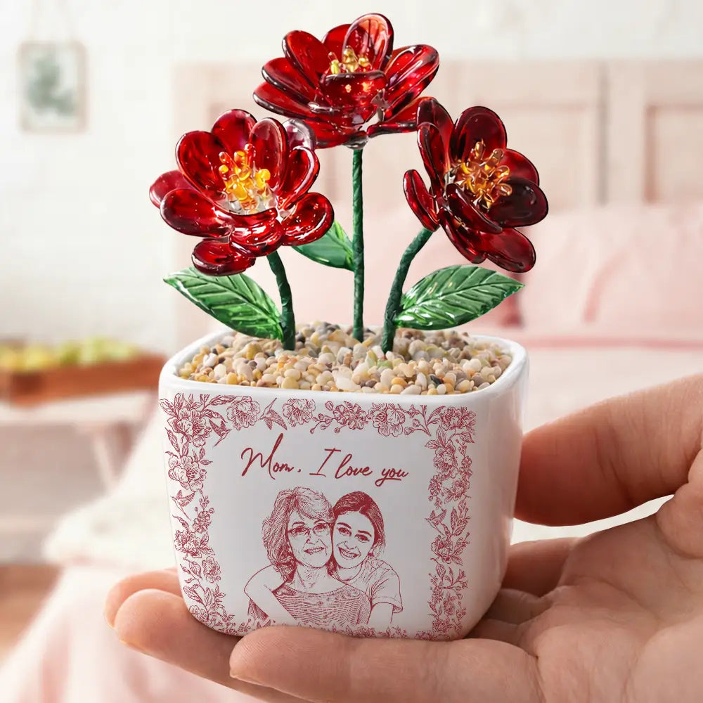 Custom Photo Pencil Sketch The Love Between Mother & Daughter Is Forever - Personalized Glass Flower Plant Pot
