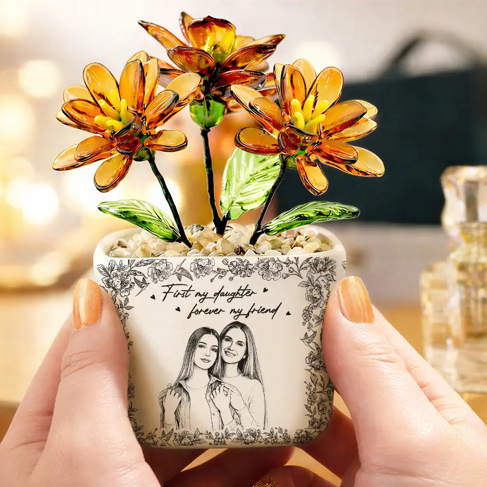 Custom Photo Pencil Sketch The Love Between Mother & Daughter Is Forever - Personalized Glass Flower Plant Pot