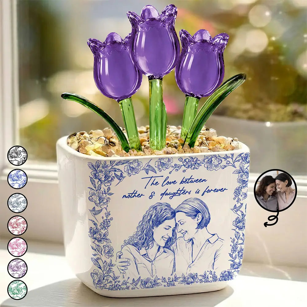 Custom Photo Pencil Sketch The Love Between Mother & Daughter Is Forever - Personalized Glass Flower Plant Pot