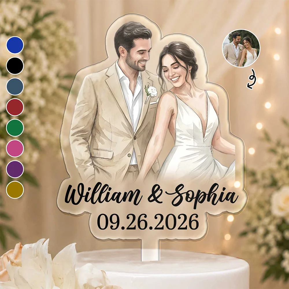 Custom Photo Realistic Watercolor Art Couples Wedding Engaged Bachelor Party - Personalized Acrylic Cake Topper