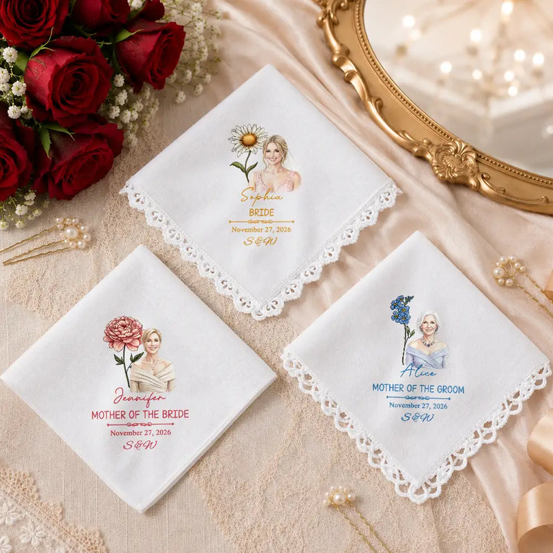 Art Design,Sentimental,Gift For Yourself,Gift For Women,Wedding,Photo - Watercolor - Remove BG - Custom Photo Realistic Watercolor Art Mother Of The Bride Groom & Birth Flower - Personalized Handkerchief