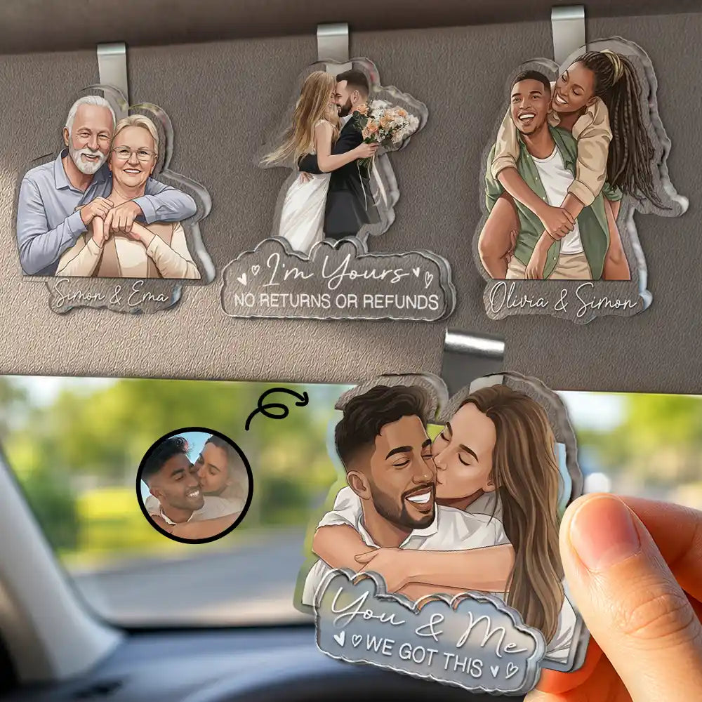 Custom Photo Semi Realistic Portrait Family Couple Pet Lovers Portrait - Personalized Custom Shaped Acrylic Car Visor Clip