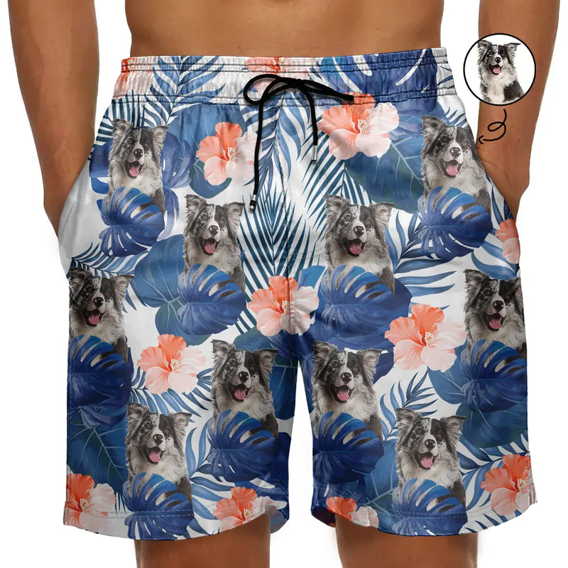 Custom Photo Tropical Leaves Funny Family Pet Face - Personalized Unisex Beach Shorts