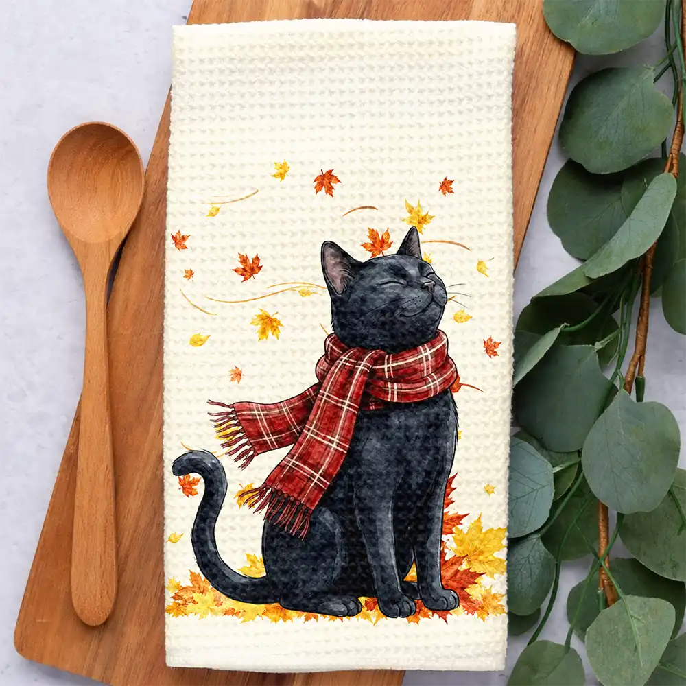 Top Market,Pet Couple,Art Design,Cozy,Pet Lovers,Gift For Couples,Photo - Pet With Fall Leaves - Custom Photo Watercolor Fall Leaves Dog Pet Lovers Portrait - Personalized Kitchen Towel