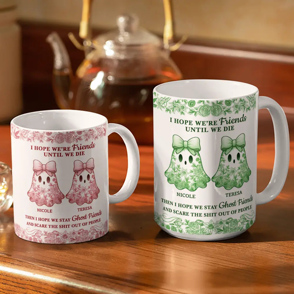 Halloween,Gift For Bestie,Funny - Cute Ghost Bestie Friends Until We Die Toile De Jouy Pattern - Personalized White Edge-to-Edge Mug
