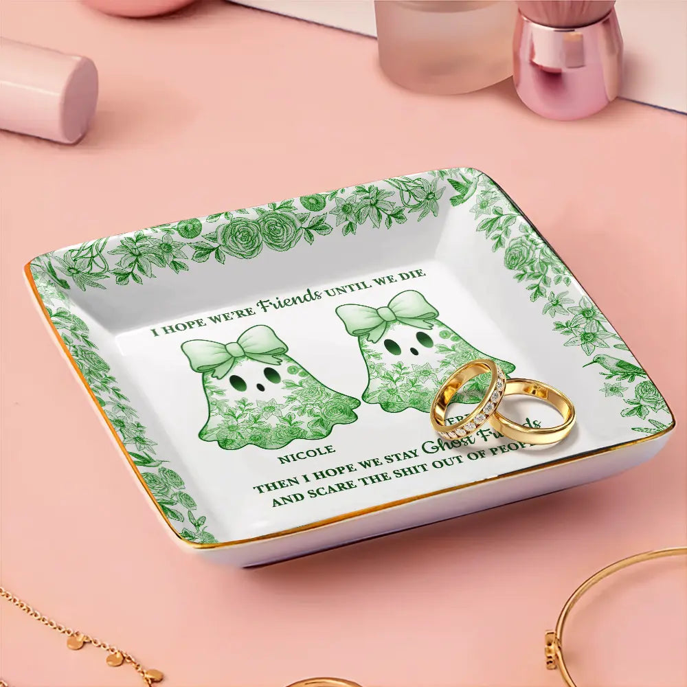 Halloween,Gift For Bestie,Old Best friends,Happy - Cute Ghost Bestie Friends Until We Die Toile De Jouy Pattern - Personalized Ring Dish