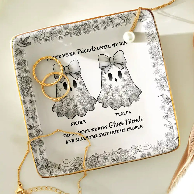 Halloween,Gift For Bestie,Old Best friends,Happy - Cute Ghost Bestie Friends Until We Die Toile De Jouy Pattern - Personalized Ring Dish