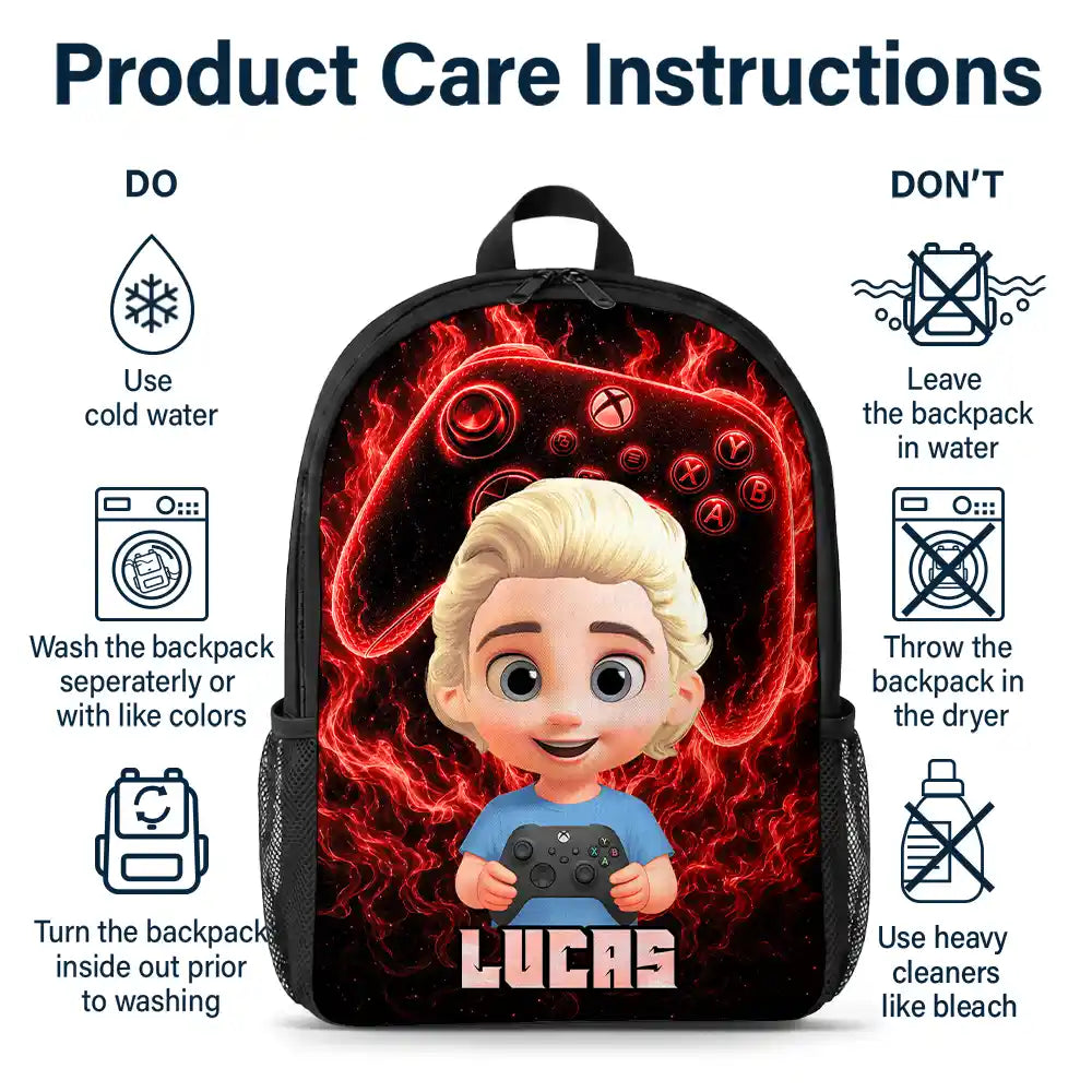 Top Market, Adorable, Back To School, Gift For Kids, Vector - Cute Kid Gamer With Neon Flames - Personalized Kids Backpack