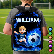 Adorable,Back To School,Football (Soccer),Gift For Kids,Vector - Cute Kid Soccer With Neon Flames - Personalized Kids Backpack