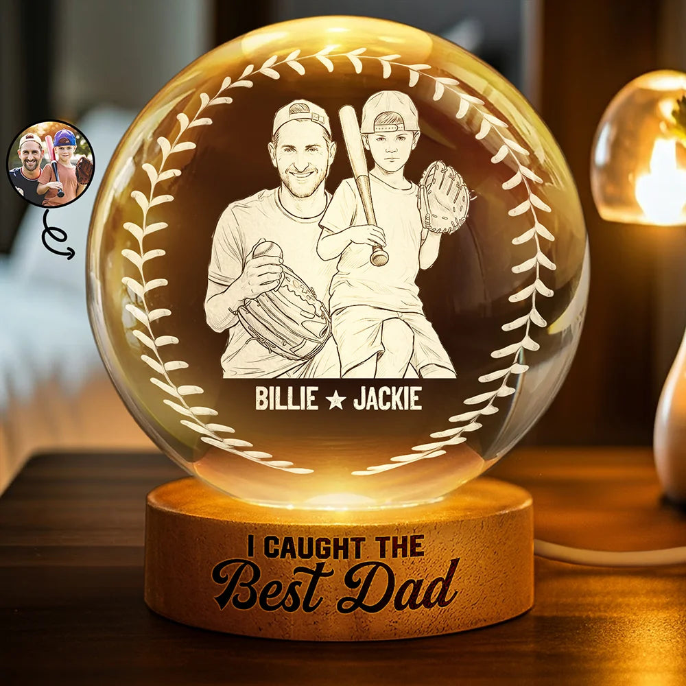 Custom Photo Pencil Sketch Art We Caught The Best Dad Grandpa - Personalized Crystal Globe Lamp