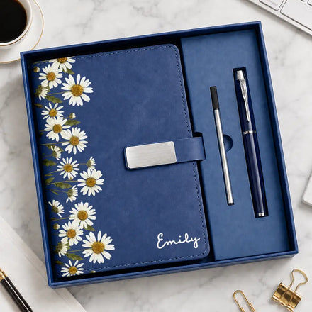 Custom Name Faux Pressed Birth Flower - Personalized Leather Notebook Set