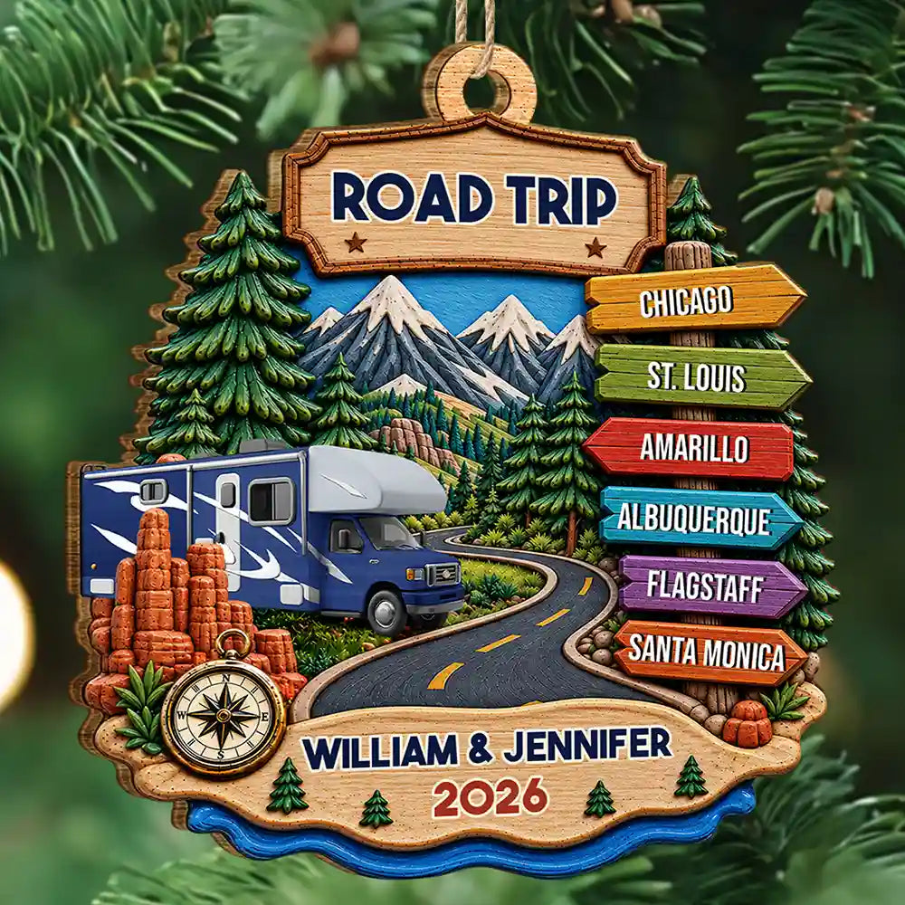 Road Trip Travel Gift For Couples, Family, Friends - Personalized Vacation Wooden Ornament