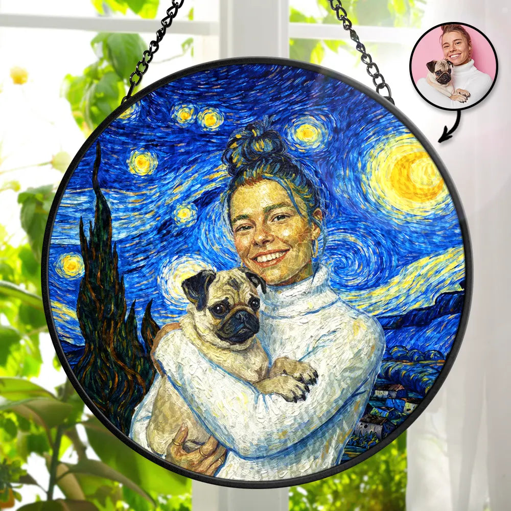 Custom Photo Starry Night Dog Mom Cat Mom Pet Lover - Personalized Stained Glass Window Hanging Suncatcher