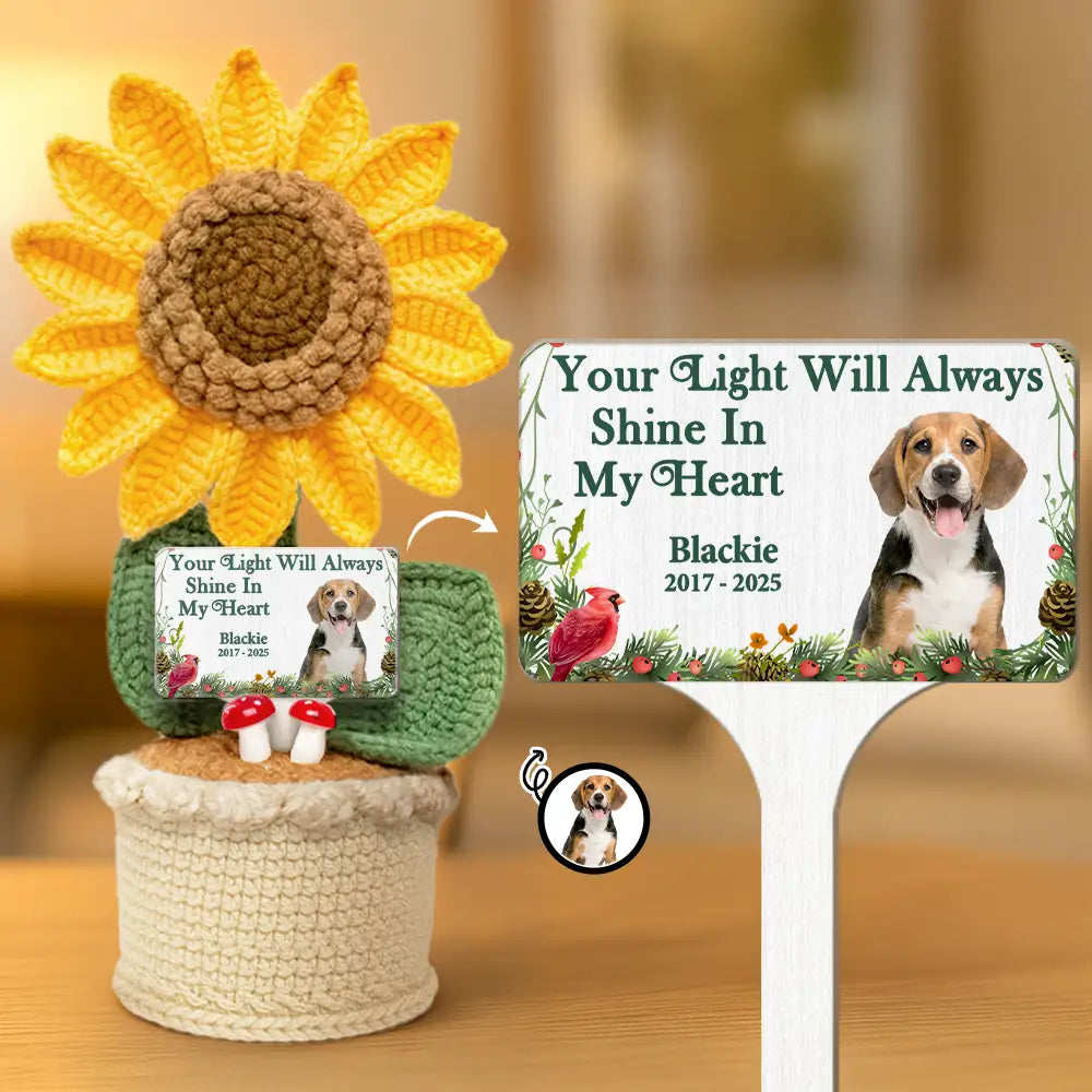 Memorial,Custom Photo,Love,Pet Lovers - Custom Photo Memorial Your Light Will Always Shine In My Heart - Personalized Crochet Plant Pot