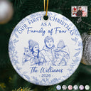 Custom Photo Pencil Sketch First Christmas As A Family Of Four Toile - Personalized Circle Ceramic Ornament