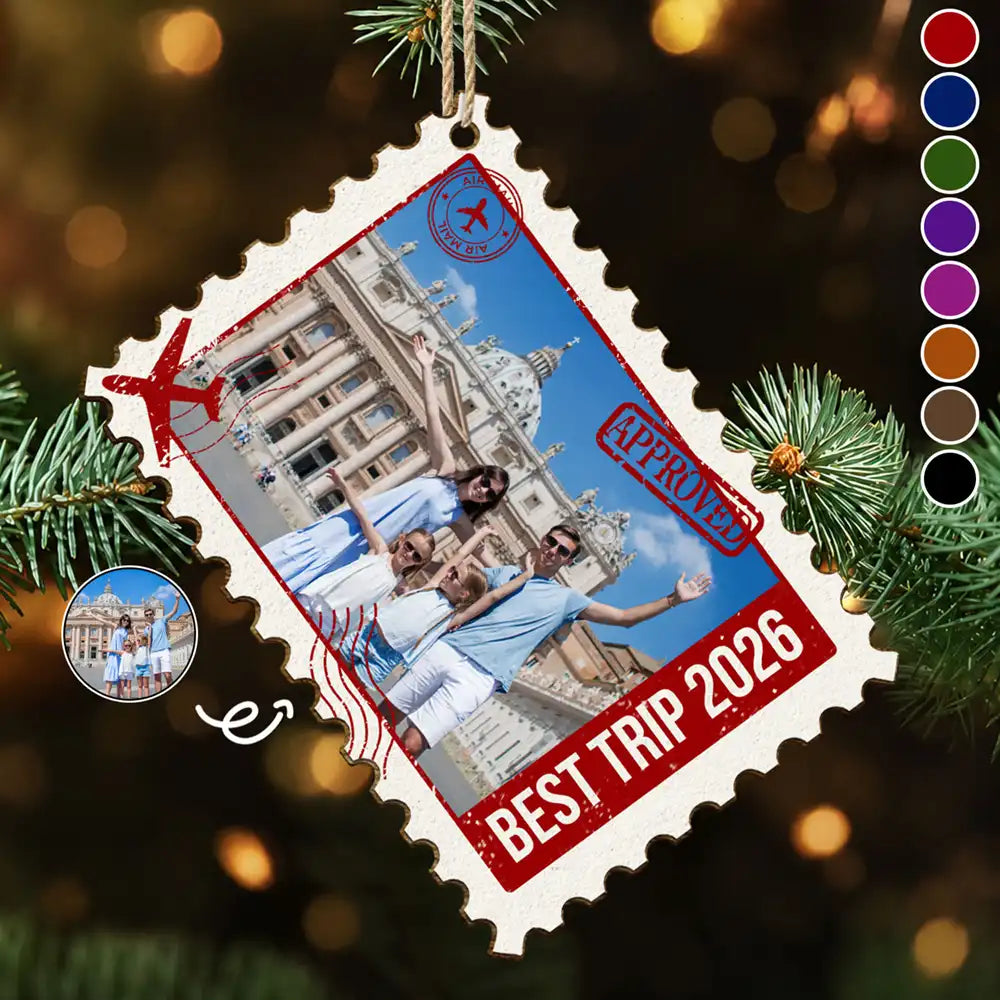 Family Travel Christmas Gift - Personalized Custom Photo Postage Stamp Wooden Ornament