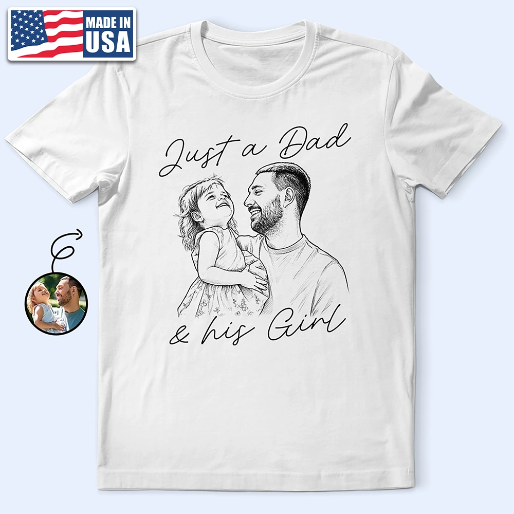 Custom Photo Pencil Sketch Just A Dad And His Girl Boy - Personalized T Shirt
