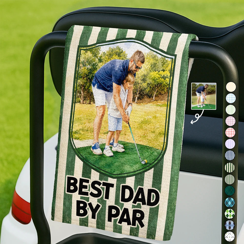Gift For Husband,Gift For Yourself,Gift For Men,Gift For Father,Sport Dad,Dad's Hobby,Grandpa's Hobby,Golf,Non-Eng,Photo - Watercolor (with BG),Playful - Custom Photo Watercolor Painting Best Daddy By Par I Love You Grandpa - Personalized Golf Towel