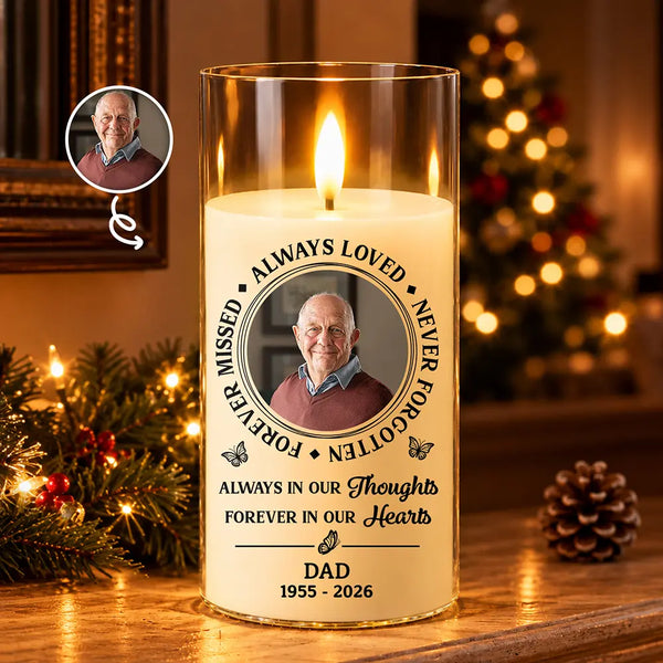 Christmas,Custom Photo,Family,Memorial,Memorial Loved One,Sympathetic,Upload Full Photo - Memorial Sympathy Gift For Loss Of Parent - Personalized Custom Photo Always Loved Never Forgotten LED Candle
