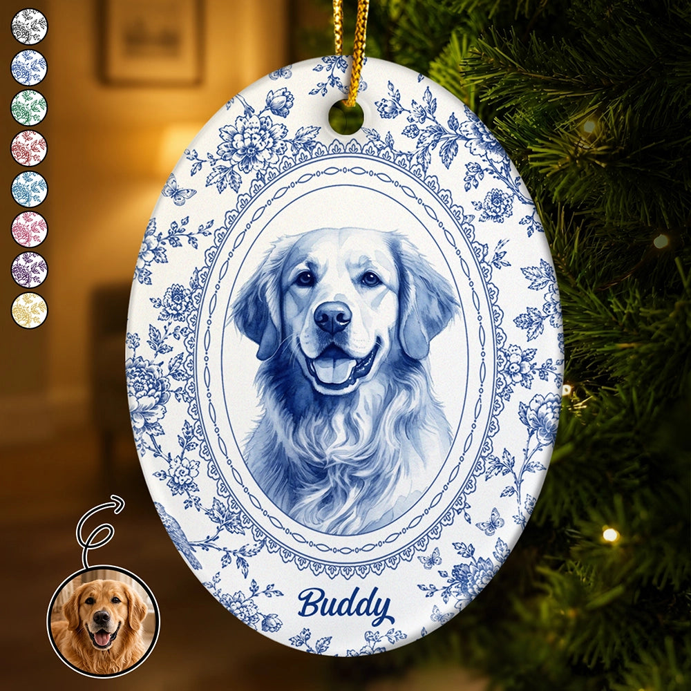 Custom Photo Single-Color Watercolor Loving Dog Cat Pet Family Portrait - Personalized Oval Ceramic Ornament