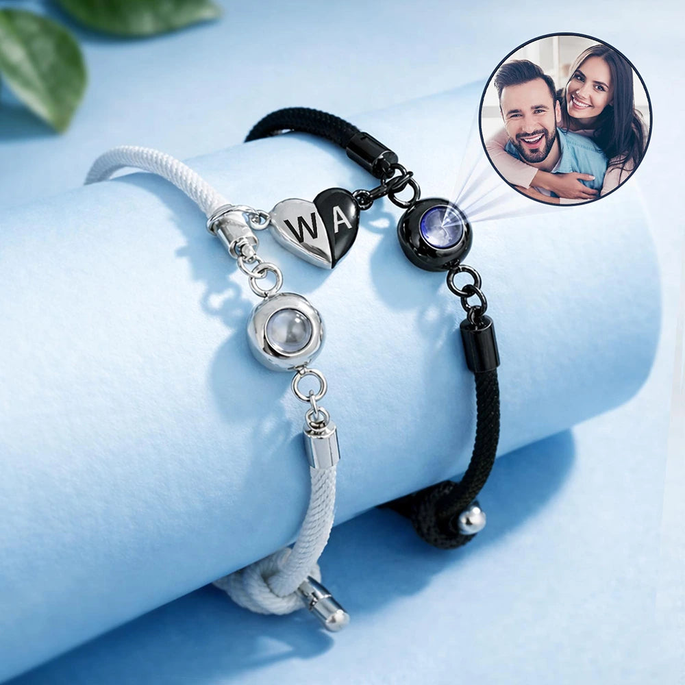 Custom Photo You And Me We Got This Couple - Personalized Photo Projection Bracelet Magnetic Initial