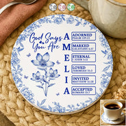 Gift For Women, Gift For Yourself, Gift For Daughter, Gift For Bestie, Happy - God Says I Am Toile De Jouy Flower - Personalized Ceramic Coaster