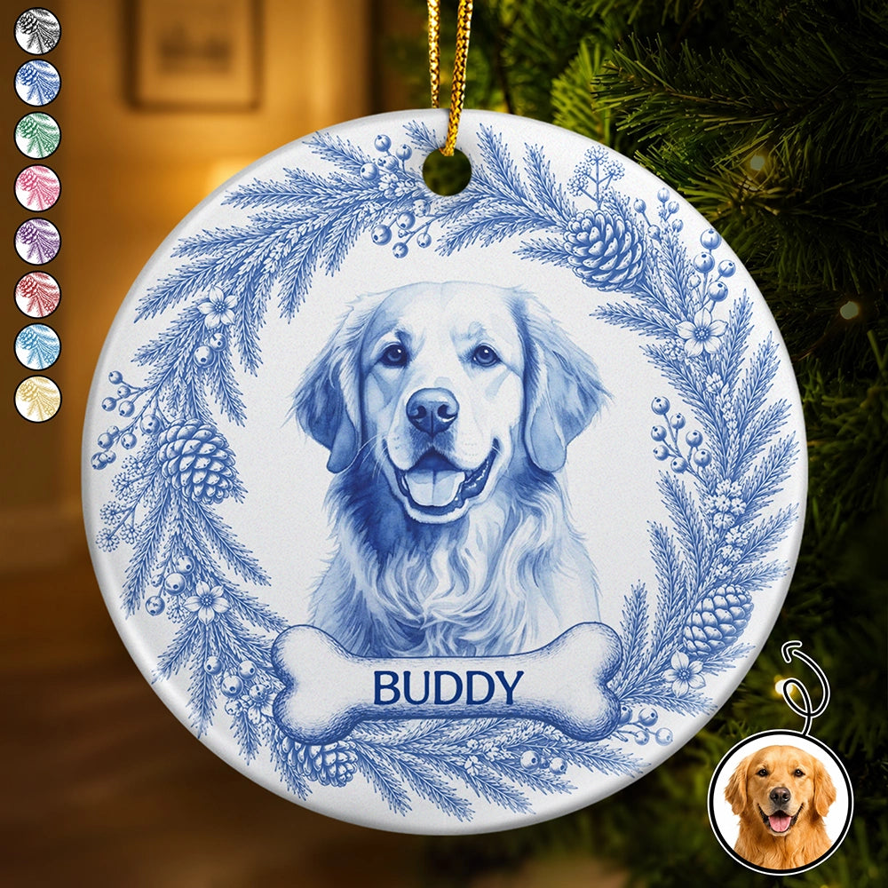 Art Design,Christmas,Cozy,Pet Lovers,Photo - Porcelain Art Style - Custom Photo Single-Color Watercolor Loving Dog Cat Pet Portrait - Personalized Circle Ceramic Ornament