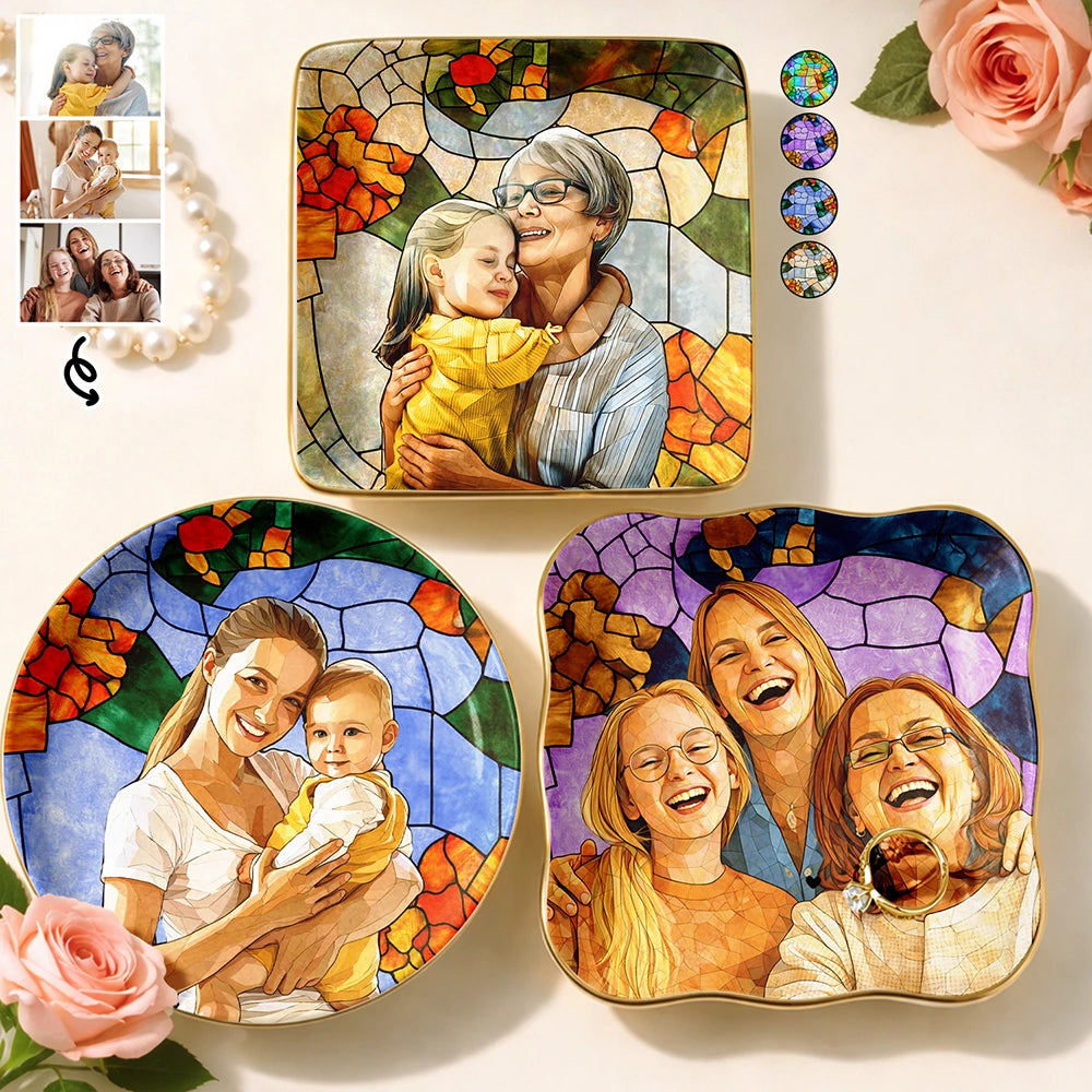 Custom Photo Stained Glass Portrait Mom Grandma Parents Family - Personalized Ring Dish