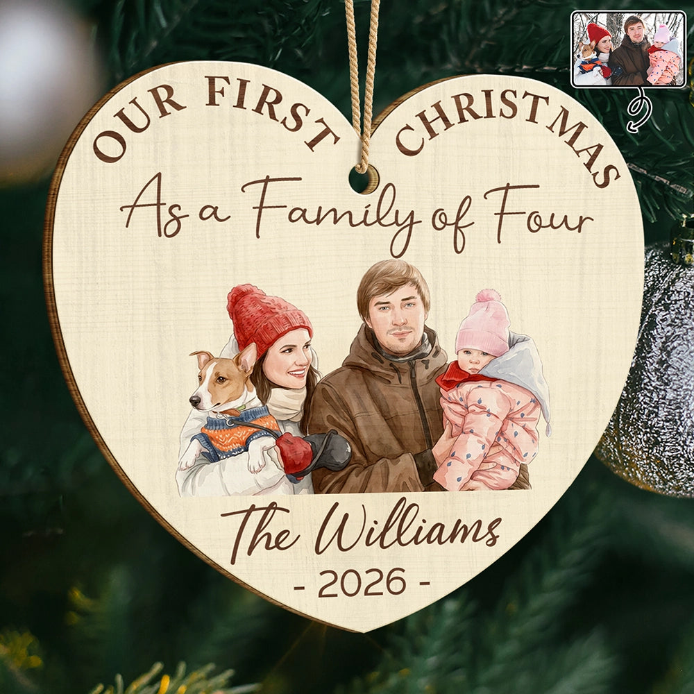 Custom Photo Realistic Watercolor Art First Christmas As A Family Of Four - Personalized Custom Shaped Wooden Ornament