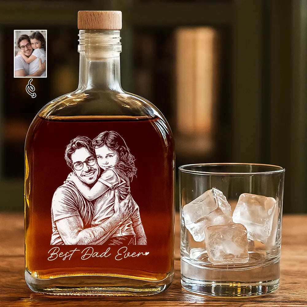 Gift For Father,Gift For Grandpa,Non-Eng,Photo - Pencil Sketch (Dark BG),Proud - Custom Photo White Pencil Sketch Art Best Dad Grandpa Ever Family Portrait - Personalized Whiskey Bottle