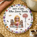 Reading,Gift For Women,Gift For Yourself,Gift For Daughter,Happy - Just A Girl Who Loves Books Birth Flower - Personalized Ceramic Coaster