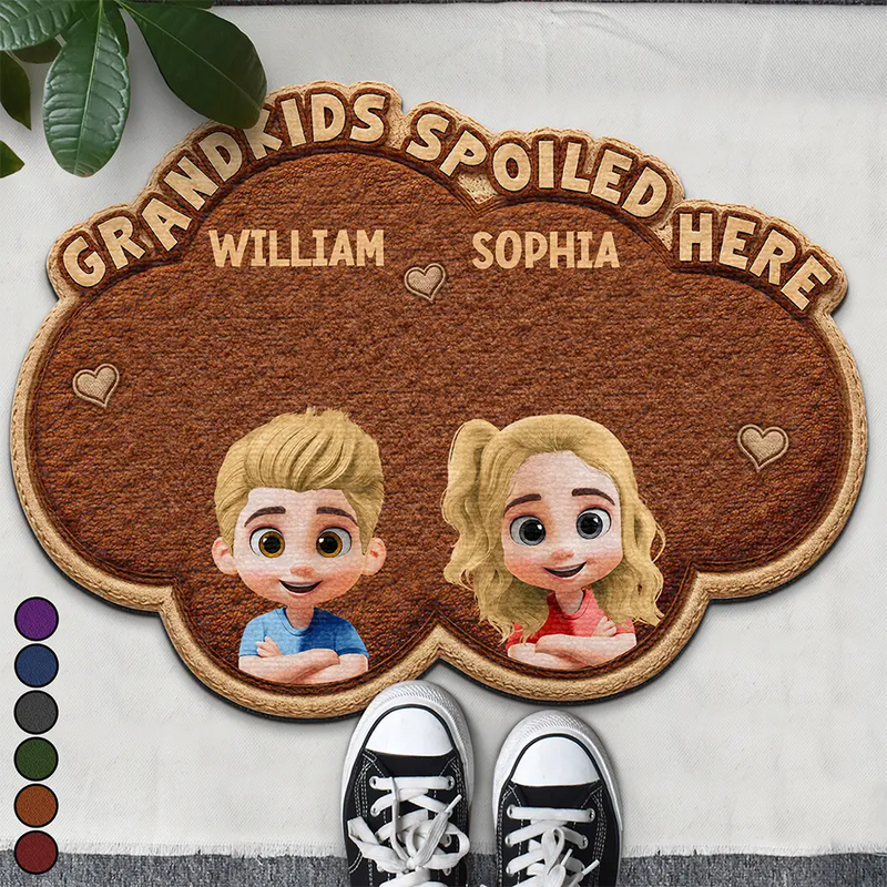 Gift For Grandma,Gift For Grandpa,Grandpa - Grandkids,Grandma - Grandkids,Gift For Women,Gift For Men,Happy,Top Market - Faux Embroidery Effect Grandkids Spoiled Here - Personalized Custom Shaped Doormat