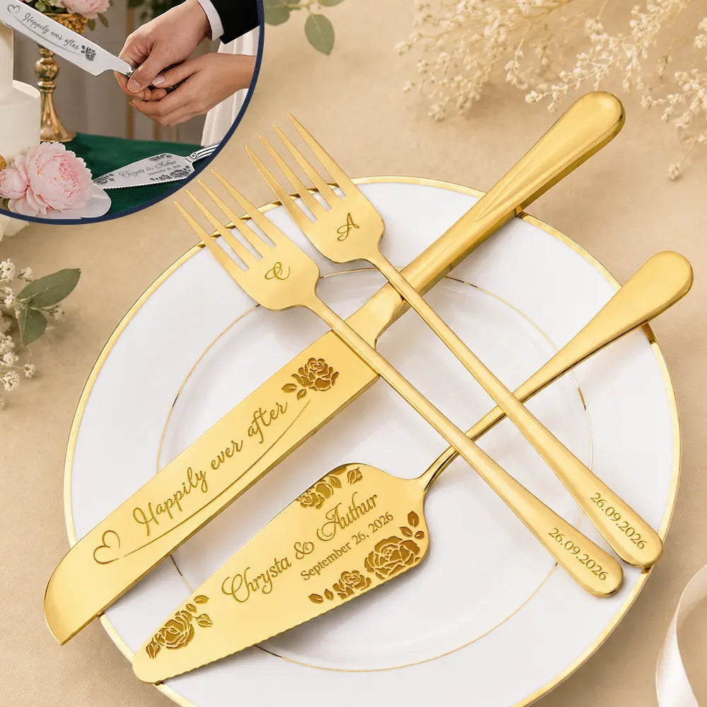 Romantic, Gift For Couples, Wedding, Custom Text - Floral Pattern Couple Wedding - Personalized Cake Cutting Set