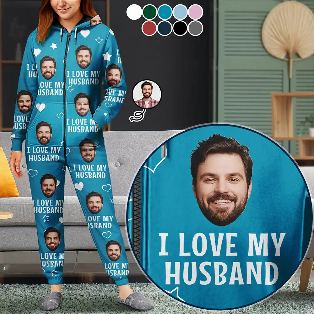 Custom Photo Funny I Love My Wife Husband - Personalized Overall Onesie Hooded Jumpsuit