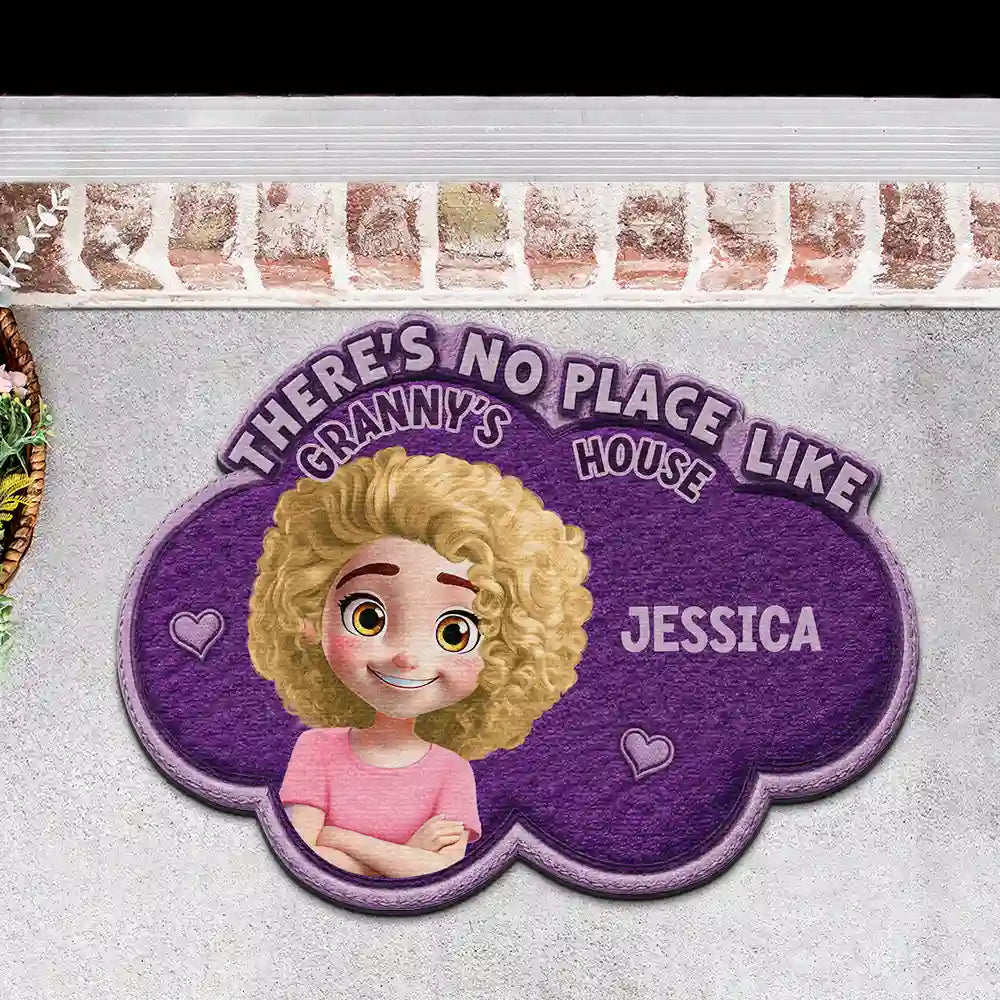 Gift For Grandma,Gift For Grandpa,Grandpa - Grandkids,Grandma - Grandkids,Gift For Women,Gift For Men,Happy,Pet Lovers,Dog Lovers,Cat Lovers - Faux Embroidery Effect There's No Place Like Grandma's House - Personalized Custom Shaped Doormat