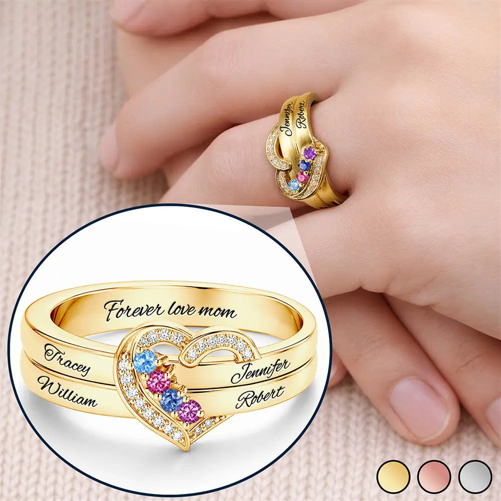 Custom Name Gemstones Jewelry Heart Shaped For Grandma Mom - Personalized Birthstone Heart Ring
