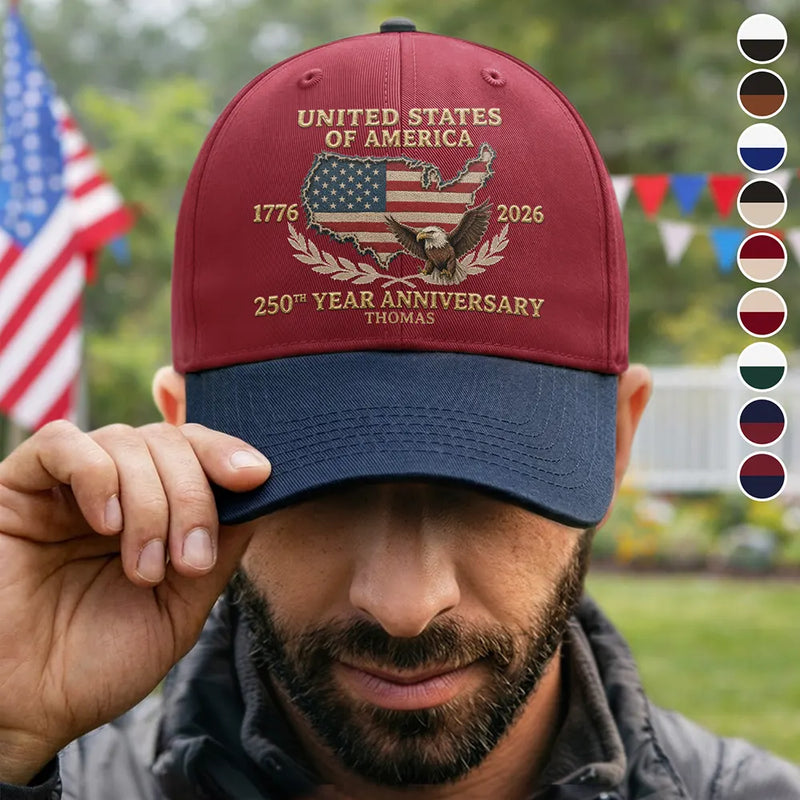 Happy,Independence Day,Gift For Men,Gift For Yourself,Gift For Women,America 250th,Proud - Faux Embroidery Effect Patriotic USA 250th Anniversary - Personalized Two Tone Cap