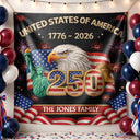 Independence Day,America 250th,Family,Proud - Faux Embroidery Effect America 250th Anniversary Family Name - Personalized Backdrop