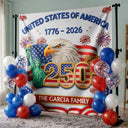 Independence Day,America 250th,Family,Proud - Faux Embroidery Effect America 250th Anniversary Family Name - Personalized Backdrop
