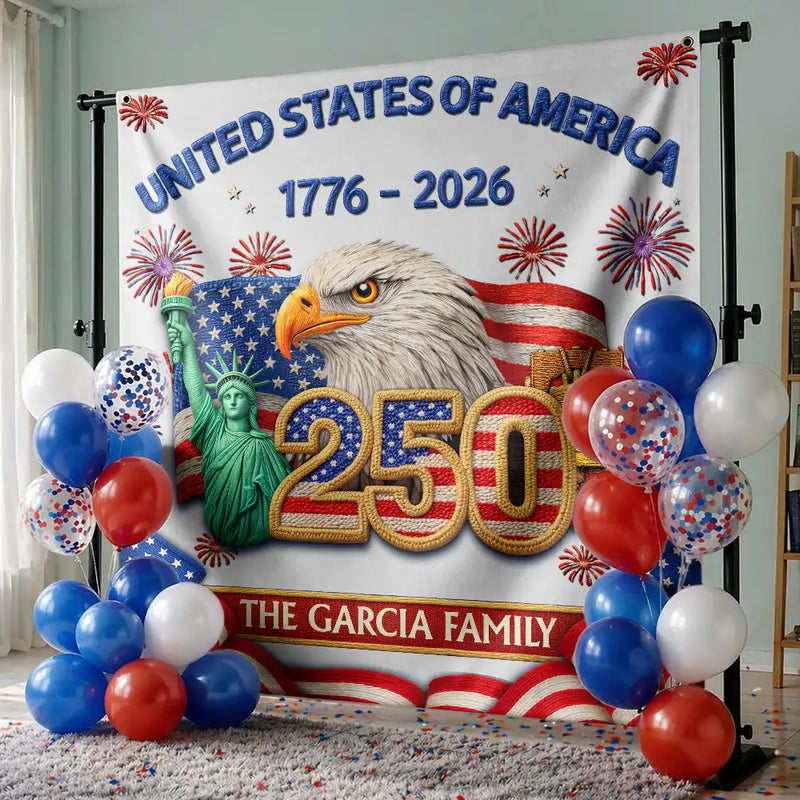 Independence Day,America 250th,Family,Proud - Faux Embroidery Effect America 250th Anniversary Family Name - Personalized Backdrop