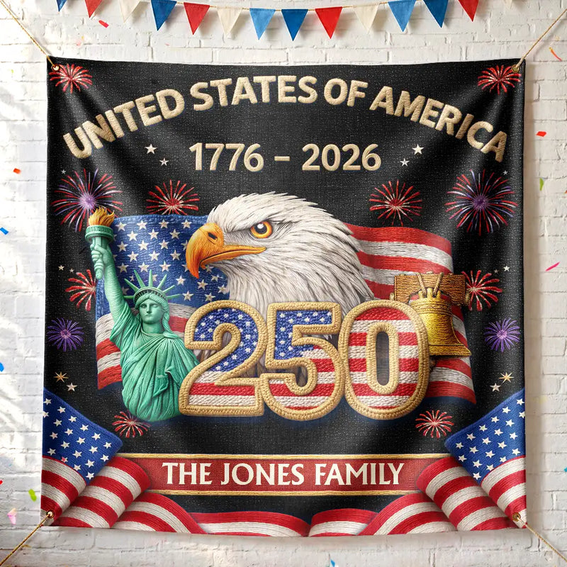Independence Day,America 250th,Family,Proud - Faux Embroidery Effect America 250th Anniversary Family Name - Personalized Backdrop
