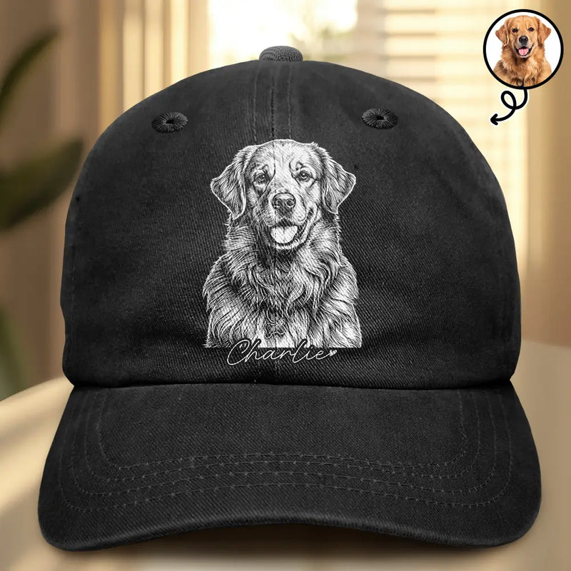 Gift For Father,Gift For Grandpa,Pet Lovers,Pet Mom,Pet Dad,Dog Lovers,Dog Mom,Dog Dad,Cat Lovers,Cat Mom,Cat Dad,Non-Eng,Photo - Pencil Sketch (Dark BG),Humorous - Custom Photo White Pencil Sketch Art Family Dog Cat Portrait - Personalized Vintage Washed Denim Cap