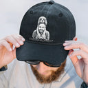 Gift For Father,Gift For Grandpa,Pet Lovers,Pet Mom,Pet Dad,Dog Lovers,Dog Mom,Dog Dad,Cat Lovers,Cat Mom,Cat Dad,Non-Eng,Photo - Pencil Sketch (Dark BG),Humorous - Custom Photo White Pencil Sketch Art Family Dog Cat Portrait - Personalized Vintage Washed Denim Cap