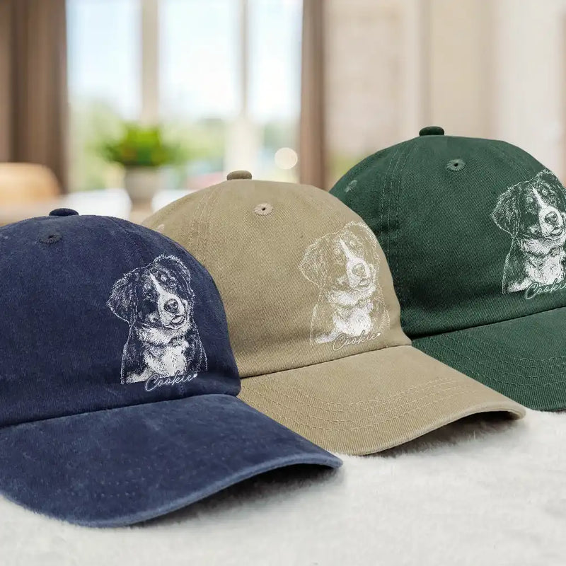 Gift For Father,Gift For Grandpa,Pet Lovers,Pet Mom,Pet Dad,Dog Lovers,Dog Mom,Dog Dad,Cat Lovers,Cat Mom,Cat Dad,Non-Eng,Photo - Pencil Sketch (Dark BG),Humorous - Custom Photo White Pencil Sketch Art Family Dog Cat Portrait - Personalized Vintage Washed Denim Cap