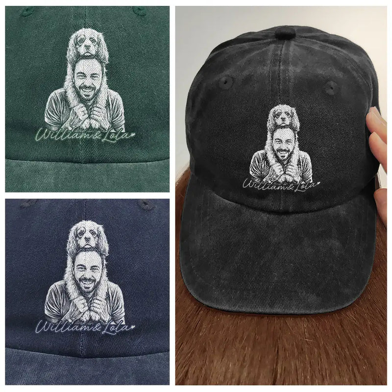 Gift For Father,Gift For Grandpa,Pet Lovers,Pet Mom,Pet Dad,Dog Lovers,Dog Mom,Dog Dad,Cat Lovers,Cat Mom,Cat Dad,Non-Eng,Photo - Pencil Sketch (Dark BG),Humorous - Custom Photo White Pencil Sketch Art Family Dog Cat Portrait - Personalized Vintage Washed Denim Cap