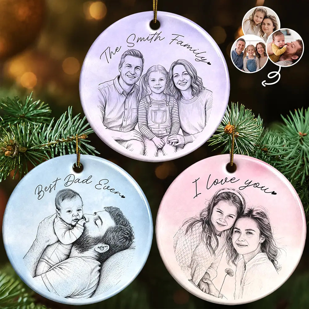 Art Design, Christmas, Family, Photo - Pencil Sketch - Remove BG, Happy - Custom Photo Pencil Sketch Family Couple Dog Cat Portrait - Personalized Circle Ceramic Ornament
