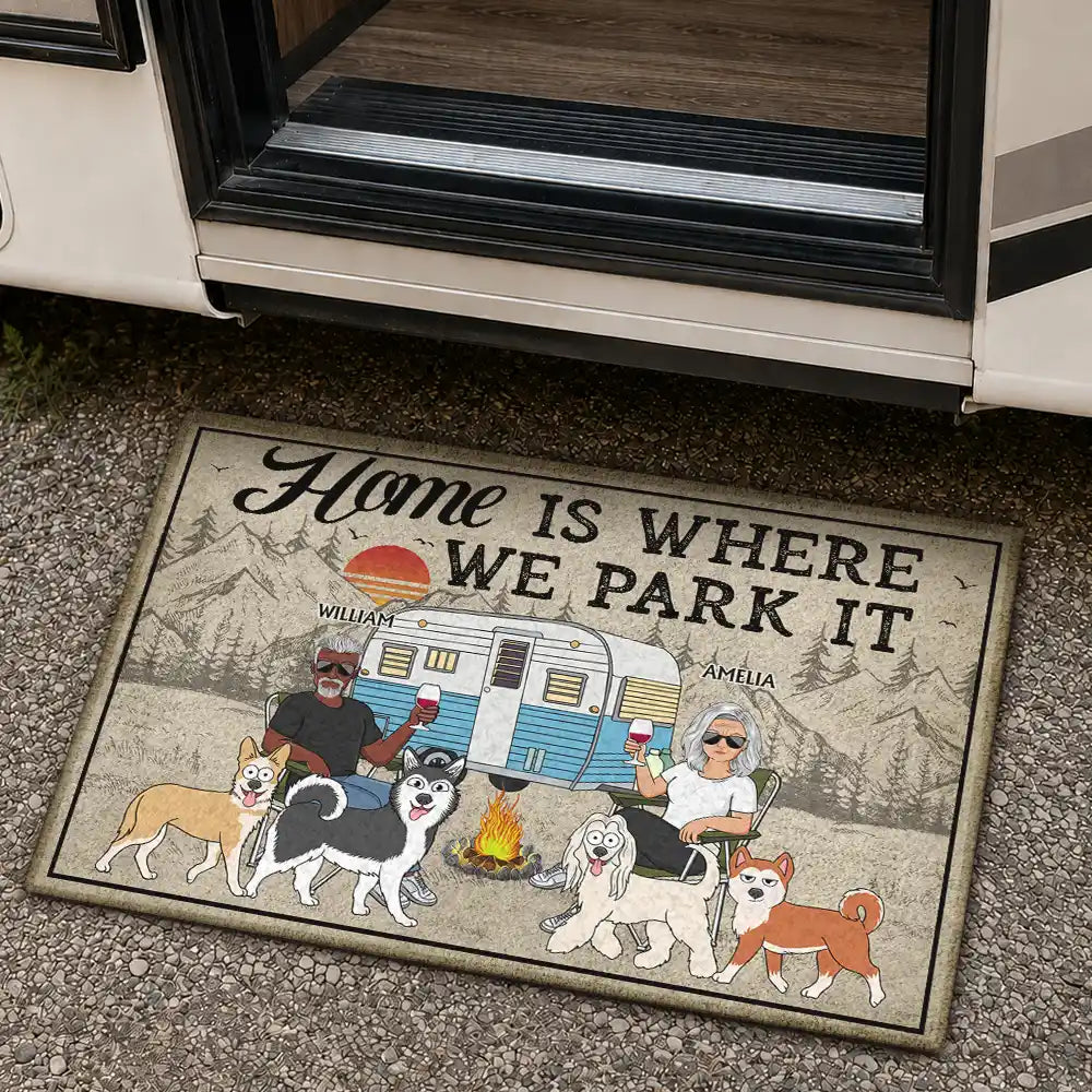 Home Is Where We Park It - Camping Gifts For Couples, Family, Campers, Dog Lovers, Cat Lovers - Personalized Doormat