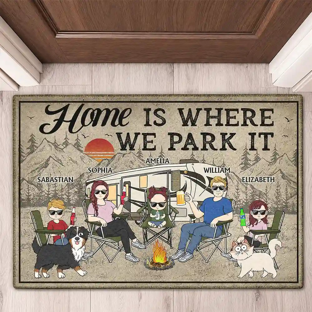 Home Is Where We Park It - Camping Gifts For Couples, Family, Campers, Dog Lovers, Cat Lovers - Personalized Doormat