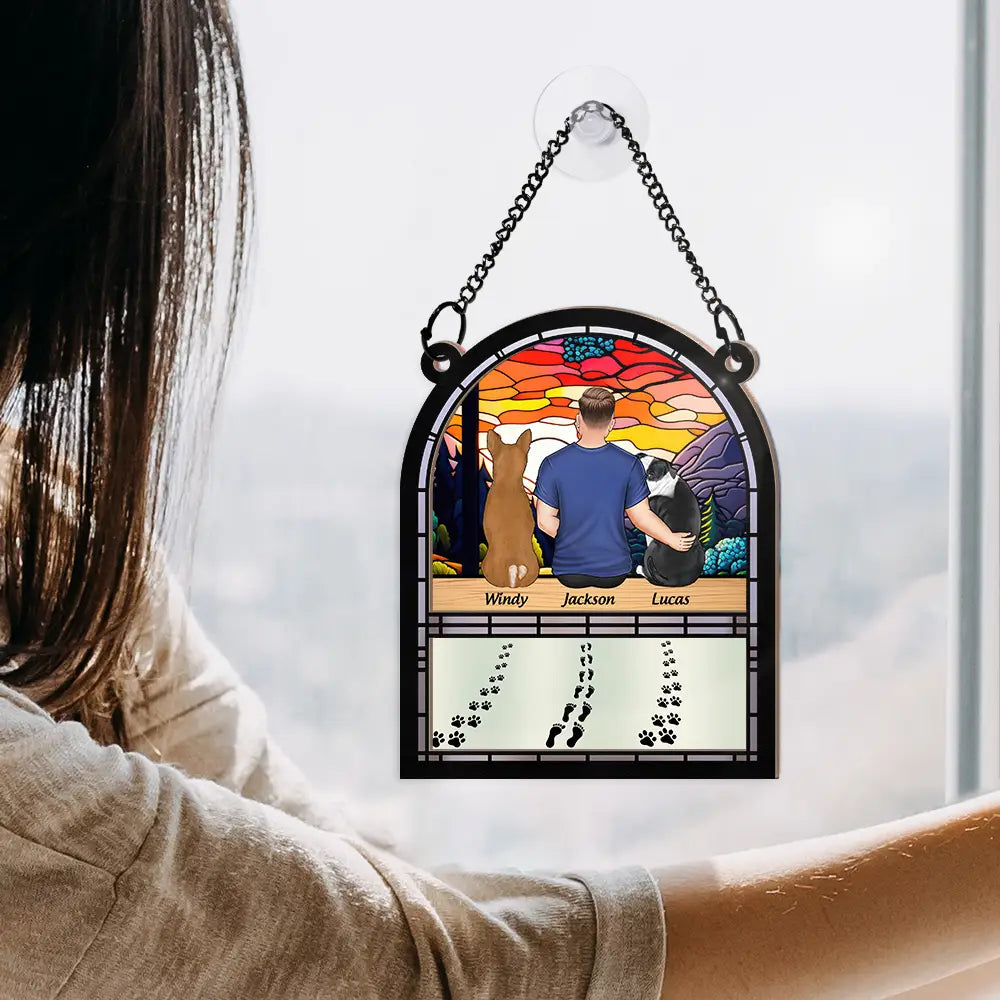 Walking Dog Dad - Personalized Window Hanging Suncatcher Ornament
