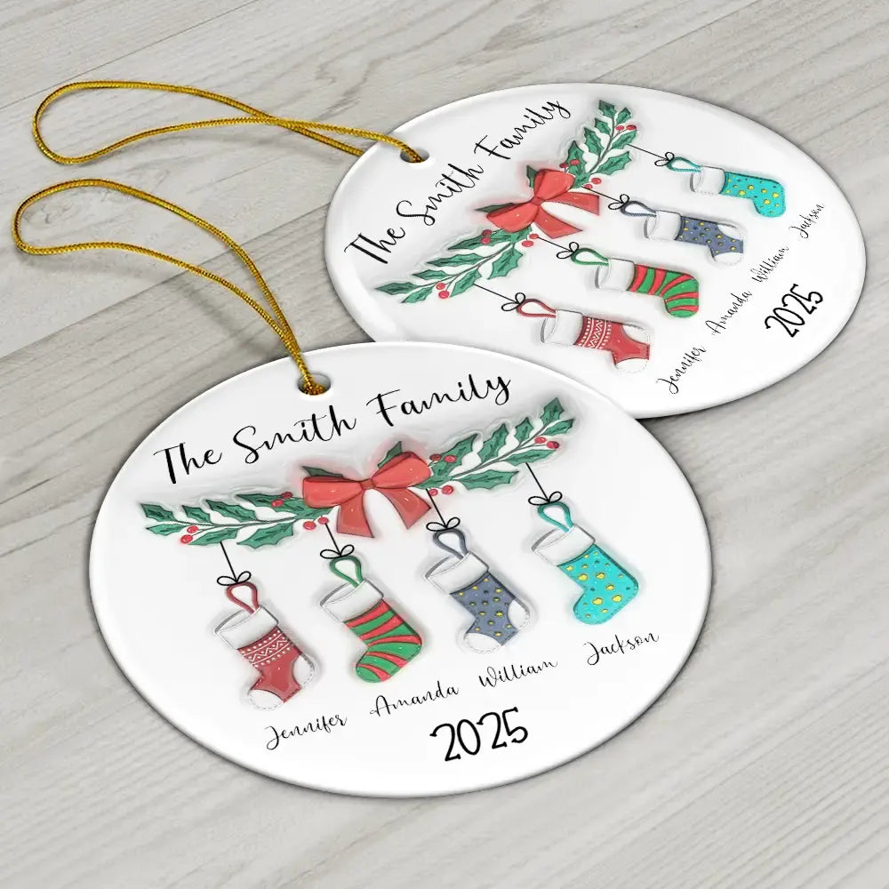 Family Stocking - 3D Inflated Effect Printed Ornament, Personalized Circle Ceramic Ornament